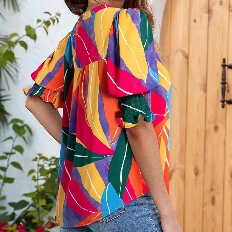 🌸Summer Hot Sale !!⏰Floral V-neck Puff Sleeve Blouse For Women🌺