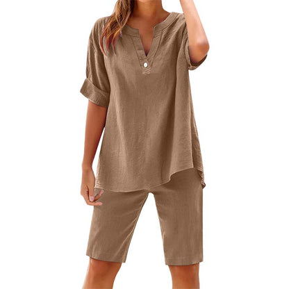 🔥New Arrivals & Special Offers-Women's Relaxed Fit Solid Short Sleeve Top and Shorts Set