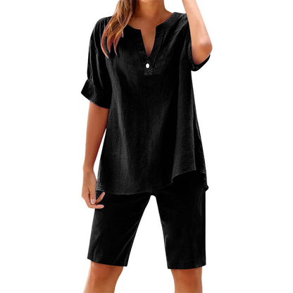 🔥New Arrivals & Special Offers-Women's Relaxed Fit Solid Short Sleeve Top and Shorts Set