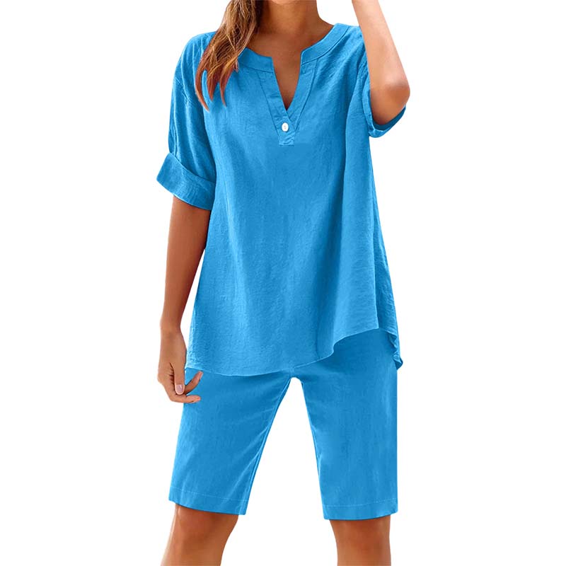 🔥New Arrivals & Special Offers-Women's Relaxed Fit Solid Short Sleeve Top and Shorts Set