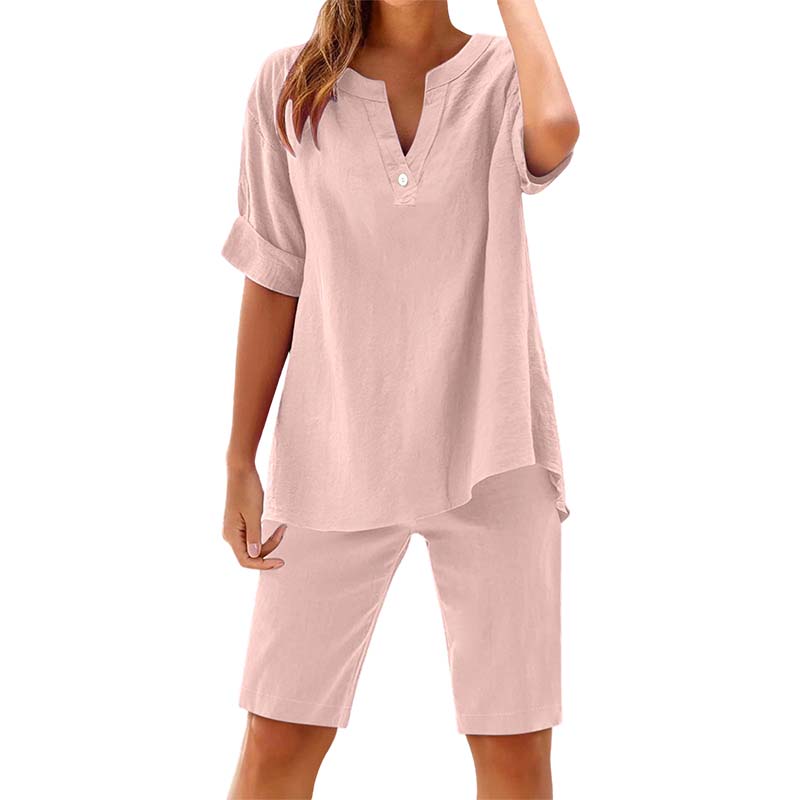 🔥New Arrivals & Special Offers-Women's Relaxed Fit Solid Short Sleeve Top and Shorts Set