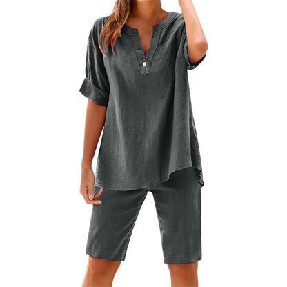 🔥New Arrivals & Special Offers-Women's Relaxed Fit Solid Short Sleeve Top and Shorts Set