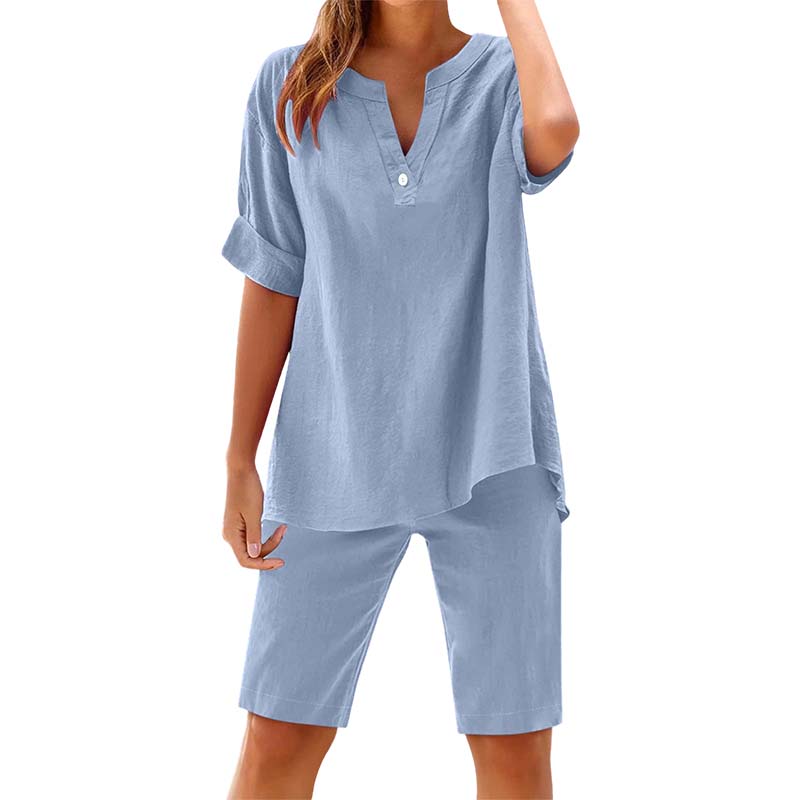 🔥New Arrivals & Special Offers-Women's Relaxed Fit Solid Short Sleeve Top and Shorts Set
