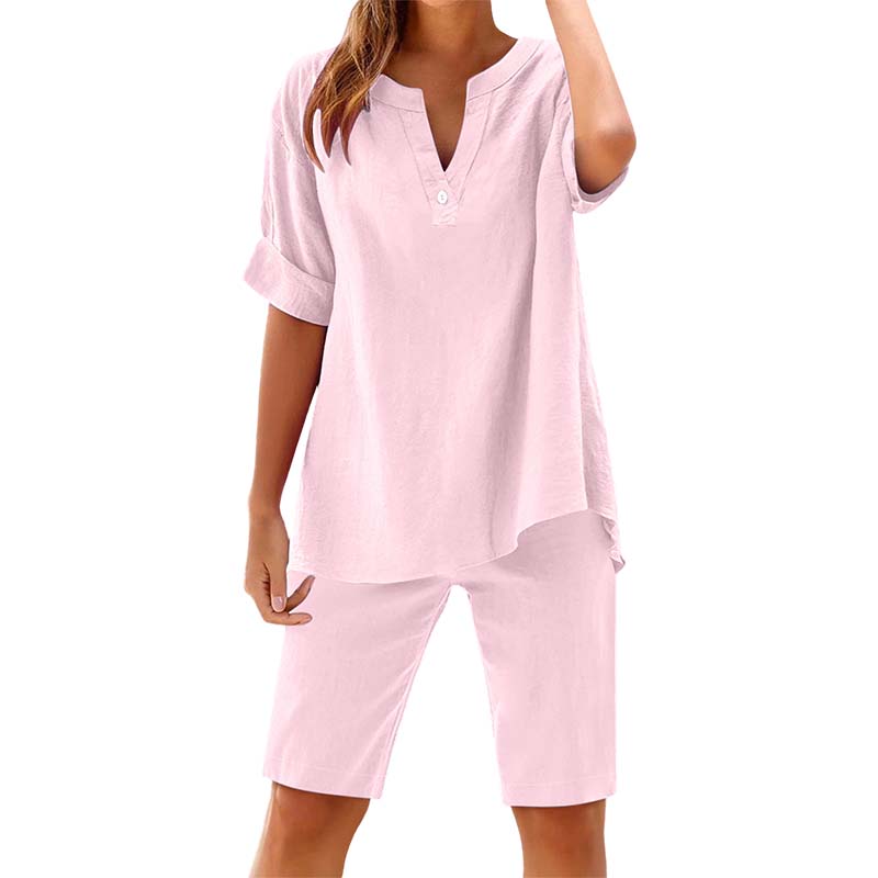 🔥New Arrivals & Special Offers-Women's Relaxed Fit Solid Short Sleeve Top and Shorts Set