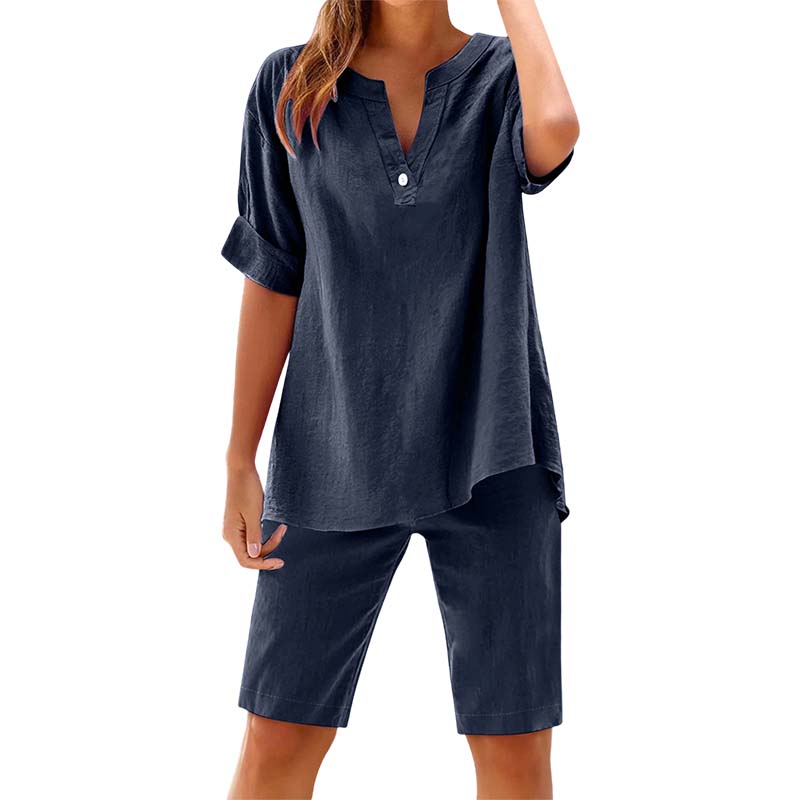 🔥New Arrivals & Special Offers-Women's Relaxed Fit Solid Short Sleeve Top and Shorts Set