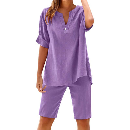 🔥New Arrivals & Special Offers-Women's Relaxed Fit Solid Short Sleeve Top and Shorts Set