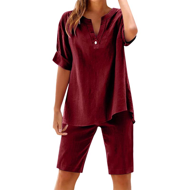 🔥New Arrivals & Special Offers-Women's Relaxed Fit Solid Short Sleeve Top and Shorts Set