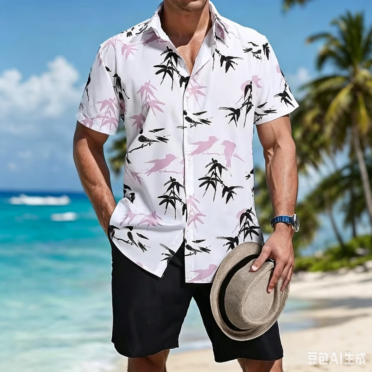 Men's Tropical Print Shirt & Shorts Set