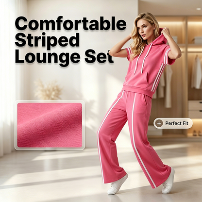 Women's Striped Short-Sleeve Hoodie & Wide-Leg Pants Set
