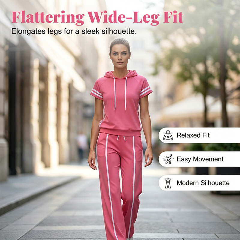 Women's Striped Short-Sleeve Hoodie & Wide-Leg Pants Set