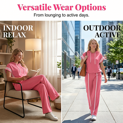 Women's Striped Short-Sleeve Hoodie & Wide-Leg Pants Set