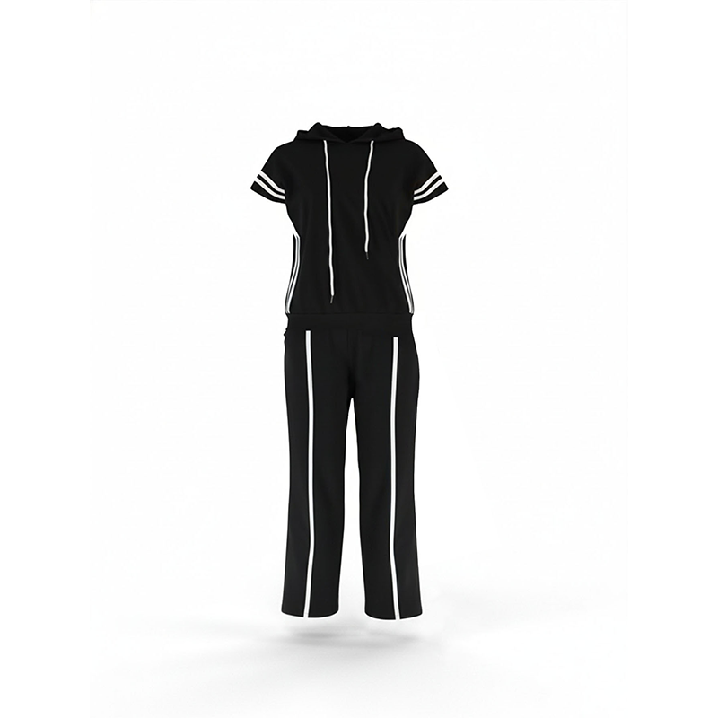 Women's Striped Short-Sleeve Hoodie & Wide-Leg Pants Set