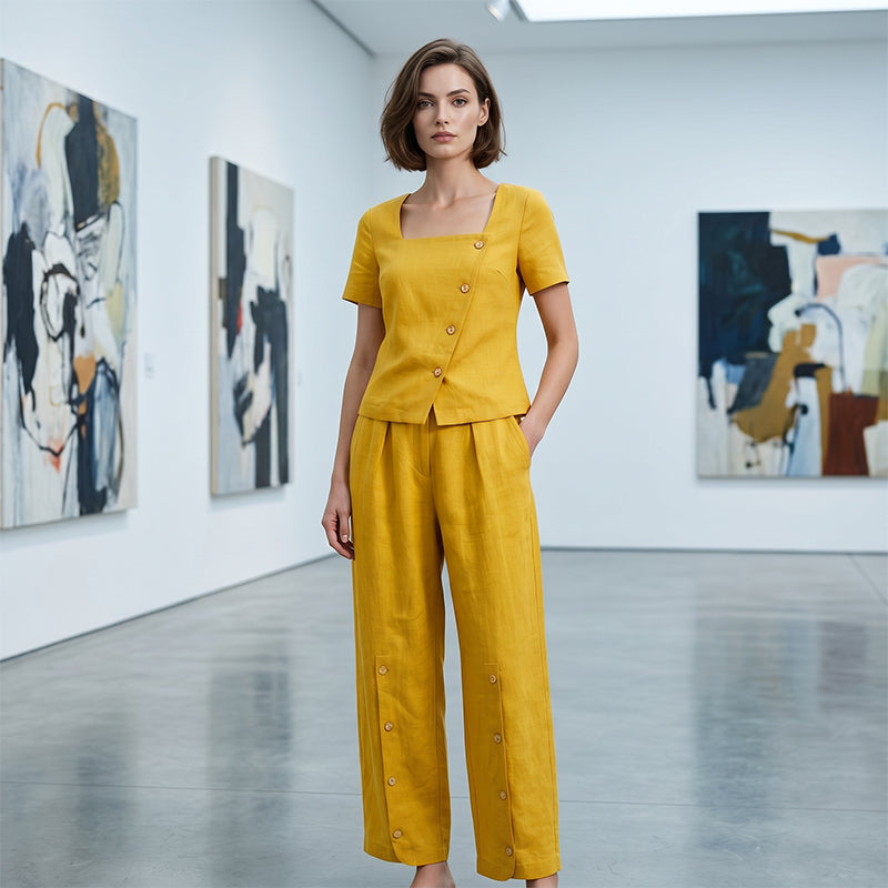 Women's Square Neck Button-Up Two-Piece Set