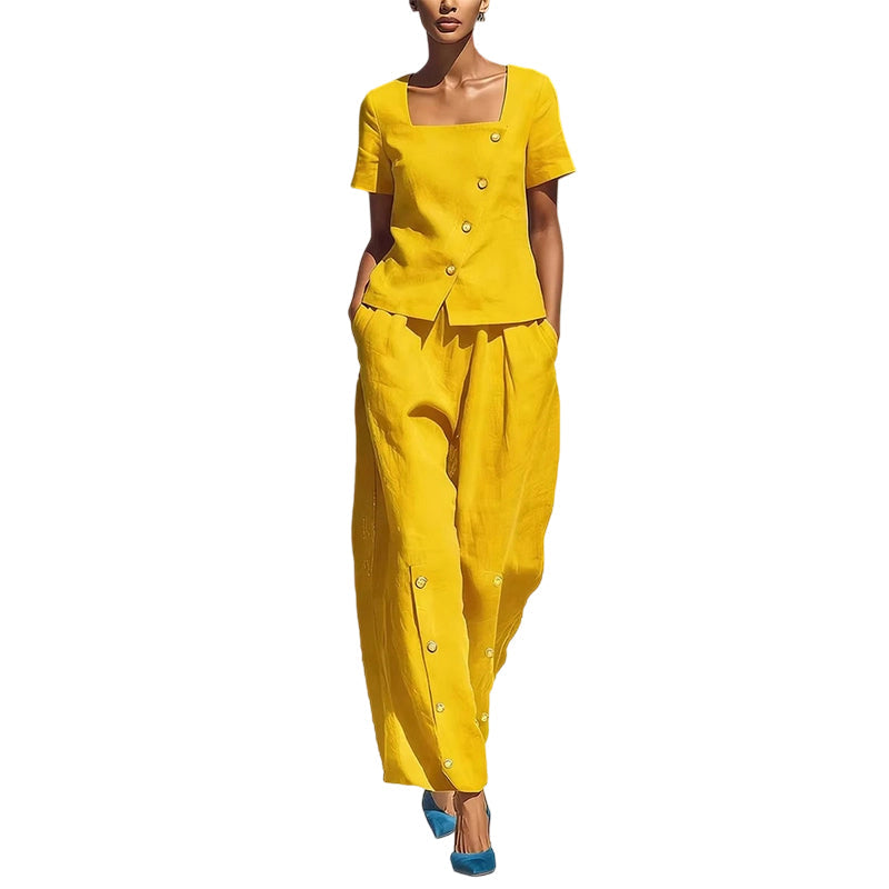 Women's Square Neck Button-Up Two-Piece Set