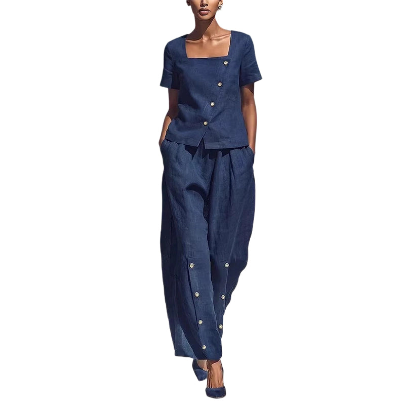 Women's Square Neck Button-Up Two-Piece Set