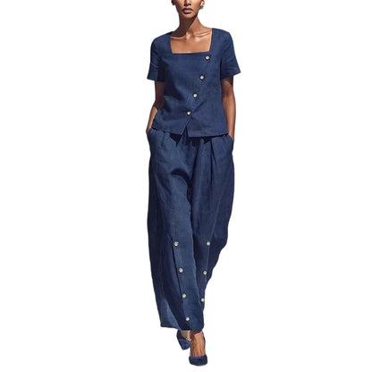 Women's Square Neck Button-Up Two-Piece Set