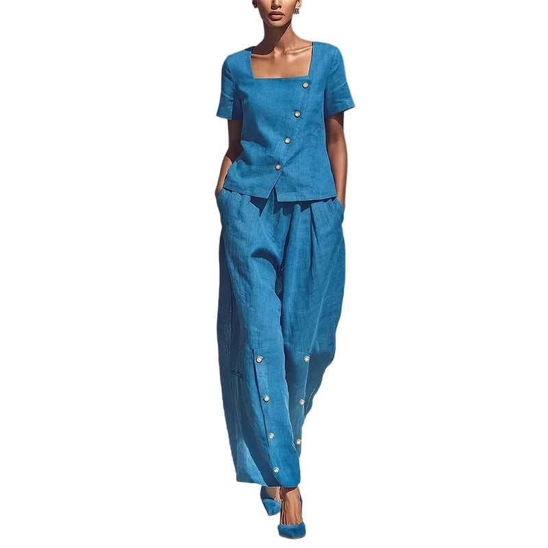 Women's Square Neck Button-Up Two-Piece Set