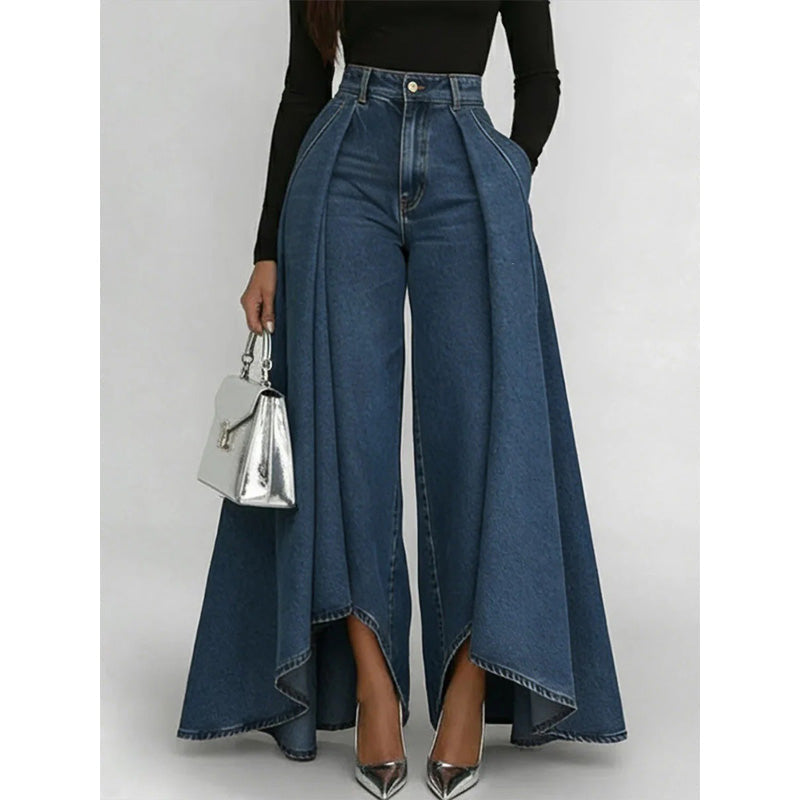Women's High-Waist Wide-Leg Jeans with High-Low Hem