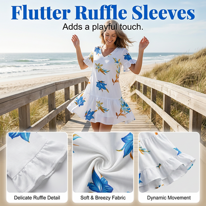 Women's Stylish Printed Ruffle Dress with Pockets