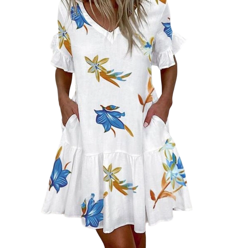 Women's Stylish Printed Ruffle Dress with Pockets