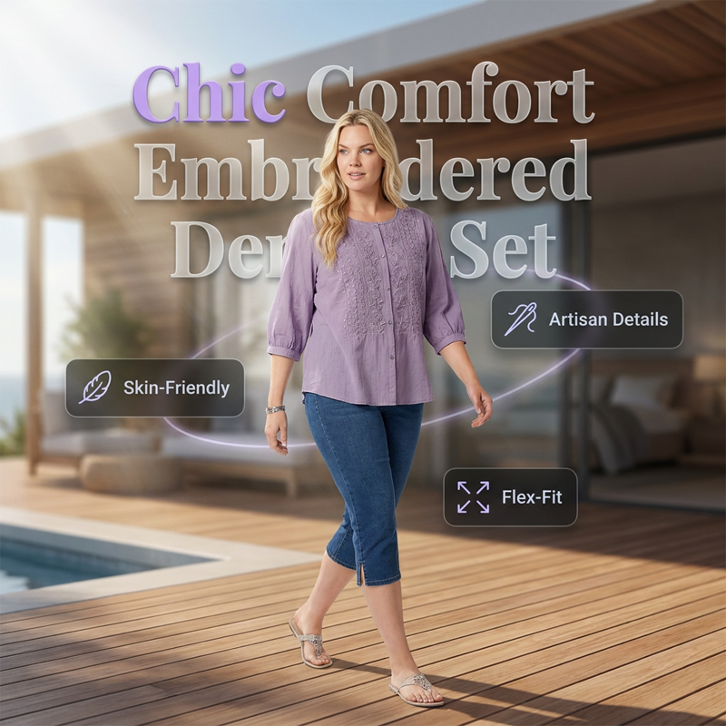 Women's Cropped Denim Pants & Embroidered Shirt Set