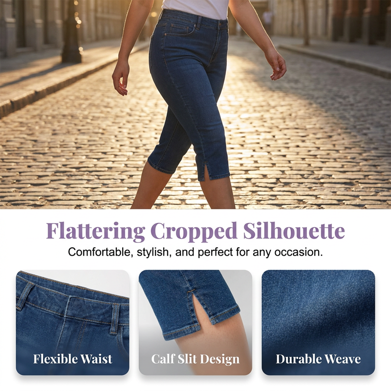 Women's Cropped Denim Pants & Embroidered Shirt Set