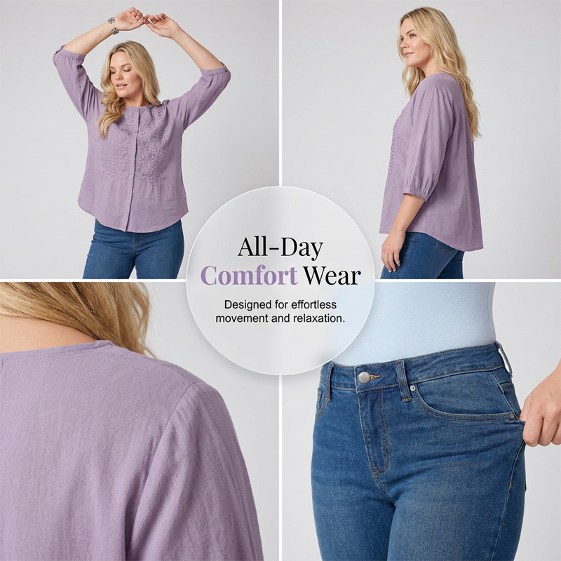 Women's Cropped Denim Pants & Embroidered Shirt Set