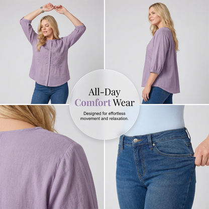 Women's Cropped Denim Pants & Embroidered Shirt Set