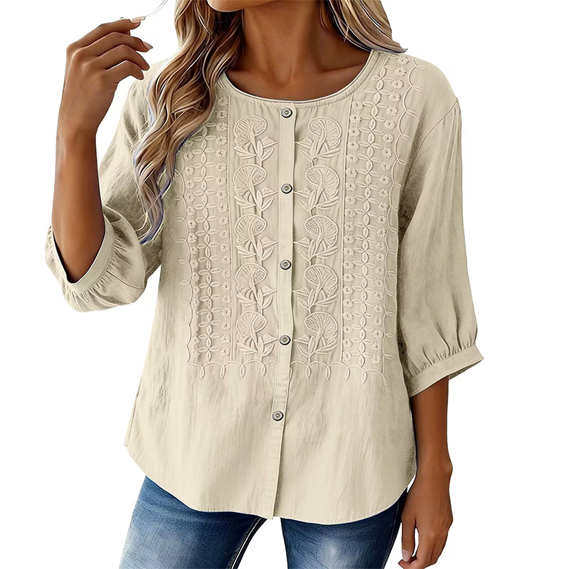 Women's Cropped Denim Pants & Embroidered Shirt Set