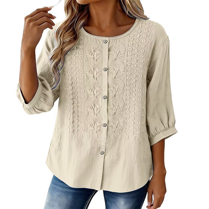 Women's Cropped Denim Pants & Embroidered Shirt Set