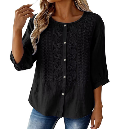 Women's Cropped Denim Pants & Embroidered Shirt Set