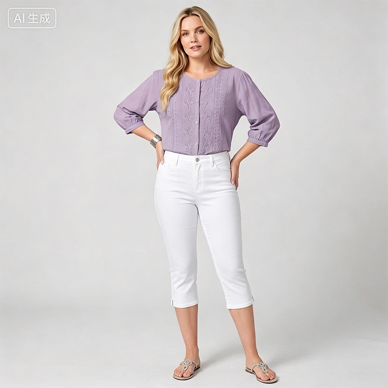 Women's Cropped Denim Pants & Embroidered Shirt Set