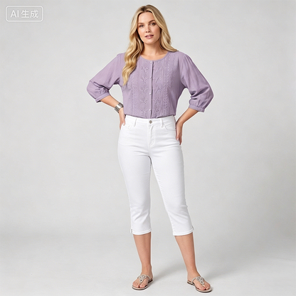 Women's Cropped Denim Pants & Embroidered Shirt Set