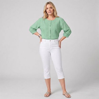 Women's Cropped Denim Pants & Embroidered Shirt Set