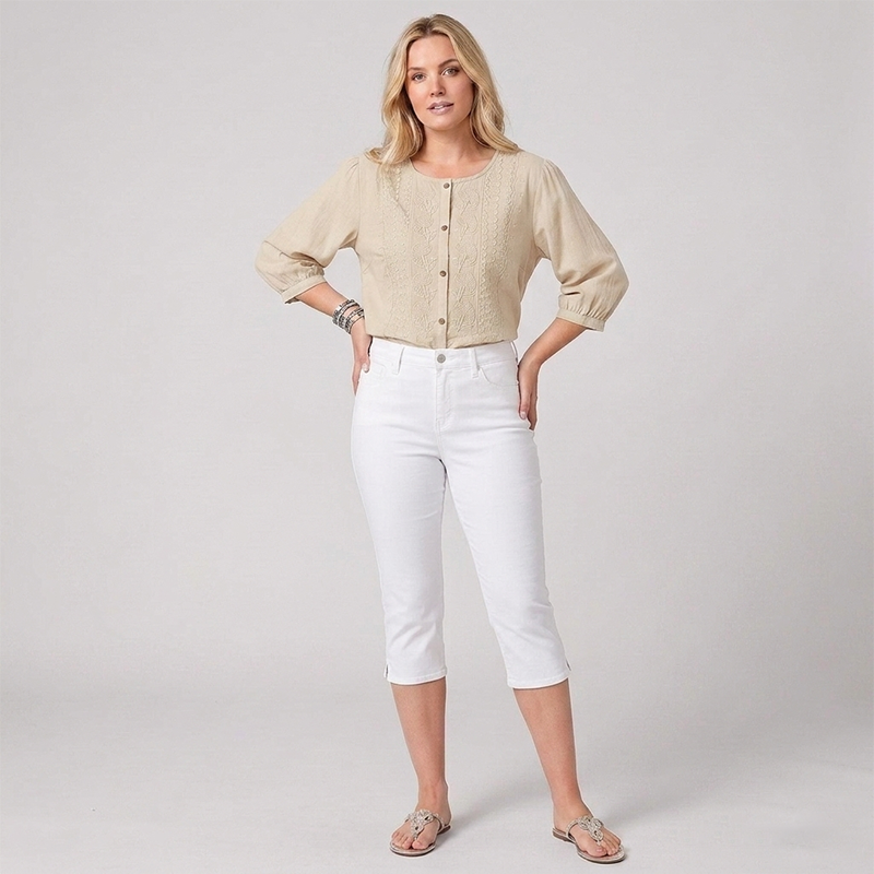 Women's Cropped Denim Pants & Embroidered Shirt Set