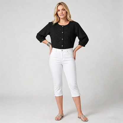 Women's Cropped Denim Pants & Embroidered Shirt Set