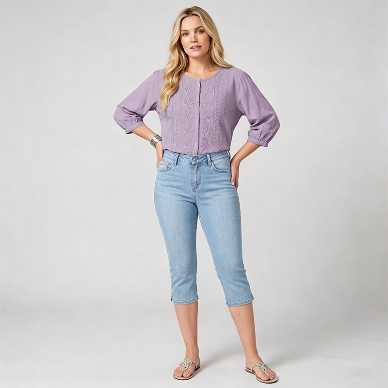 Women's Cropped Denim Pants & Embroidered Shirt Set