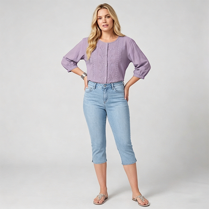 Women's Cropped Denim Pants & Embroidered Shirt Set
