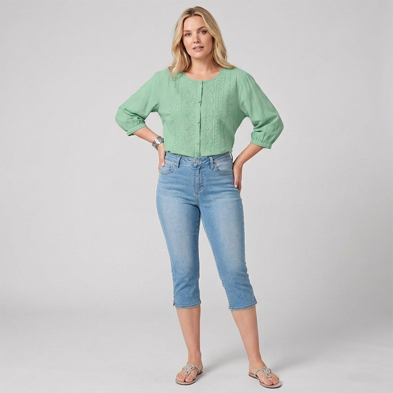 Women's Cropped Denim Pants & Embroidered Shirt Set