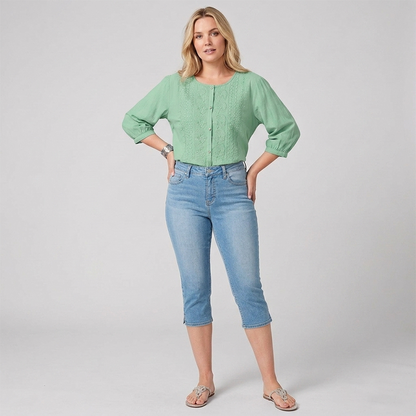 Women's Cropped Denim Pants & Embroidered Shirt Set
