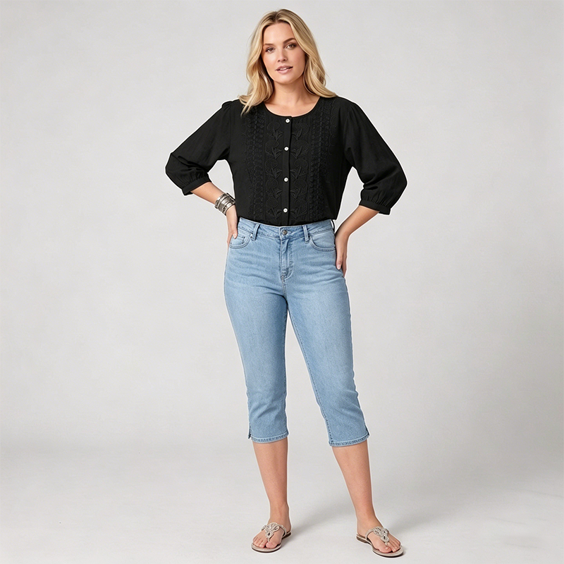 Women's Cropped Denim Pants & Embroidered Shirt Set