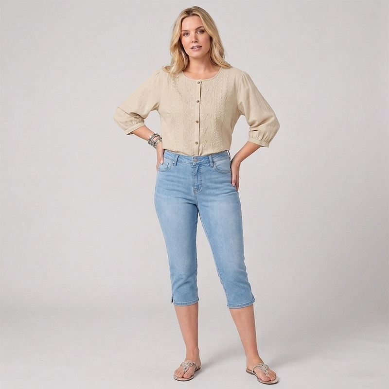 Women's Cropped Denim Pants & Embroidered Shirt Set