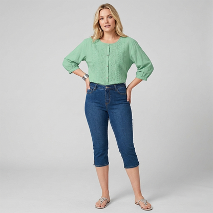 Women's Cropped Denim Pants & Embroidered Shirt Set
