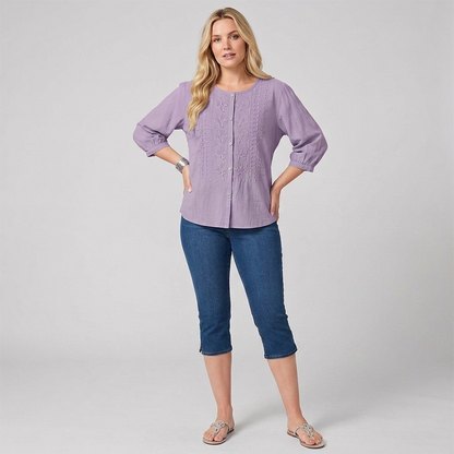 Women's Cropped Denim Pants & Embroidered Shirt Set