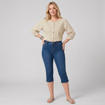Women's Cropped Denim Pants & Embroidered Shirt Set