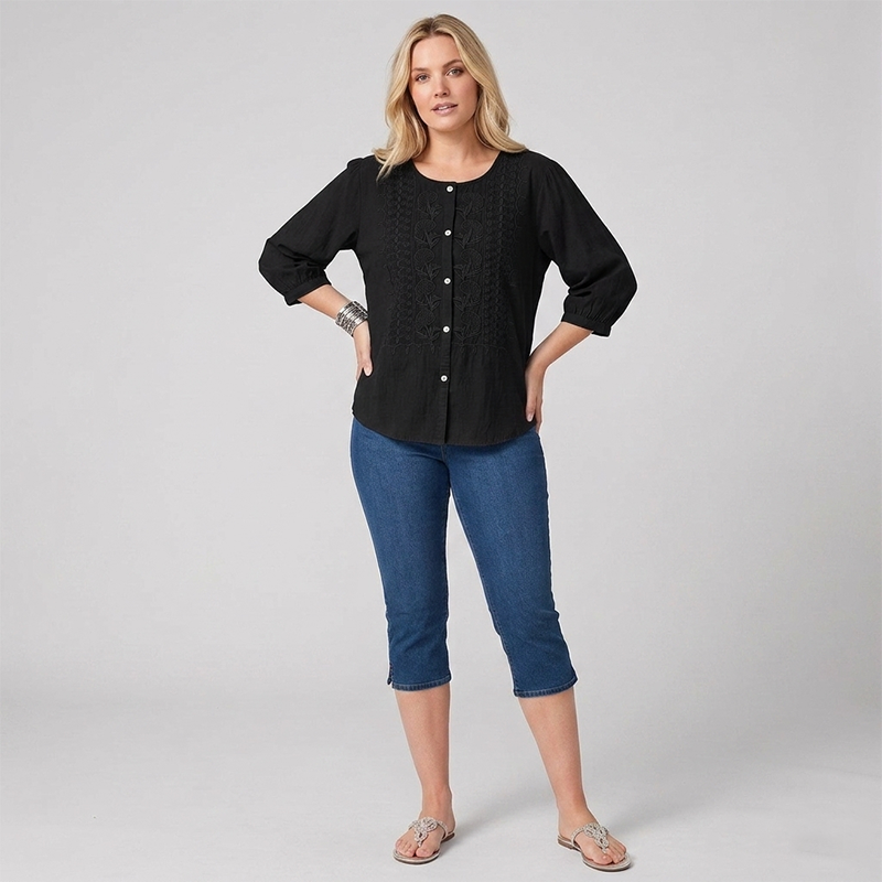 Women's Cropped Denim Pants & Embroidered Shirt Set