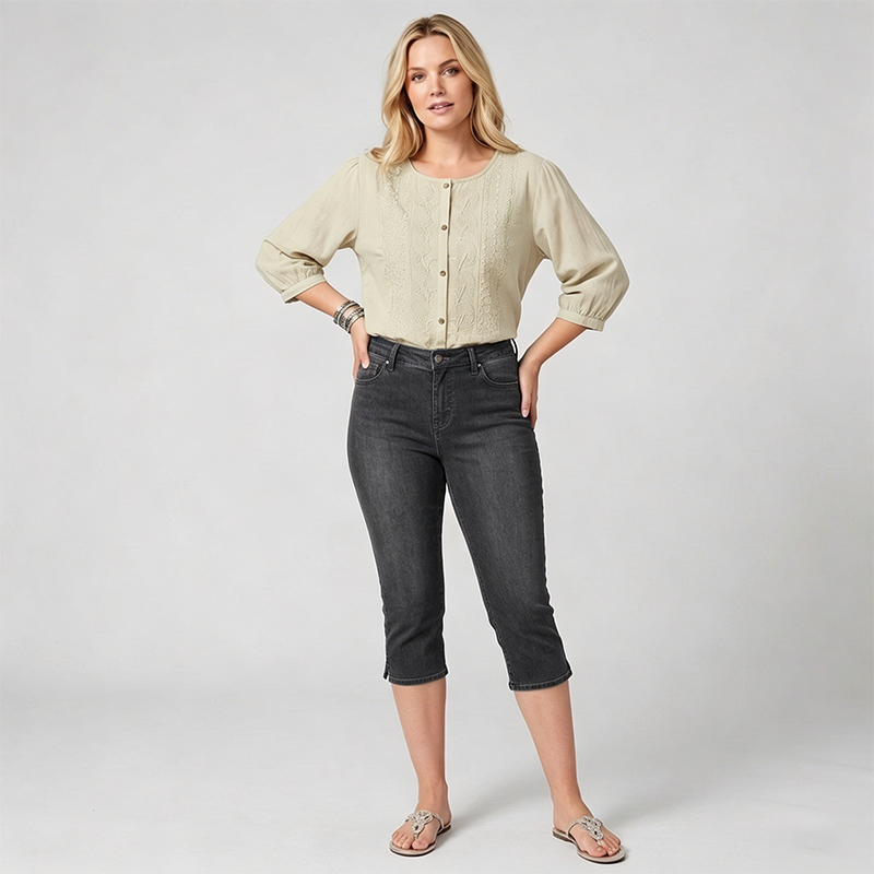 Women's Cropped Denim Pants & Embroidered Shirt Set