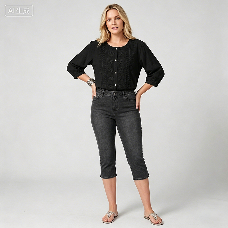 Women's Cropped Denim Pants & Embroidered Shirt Set