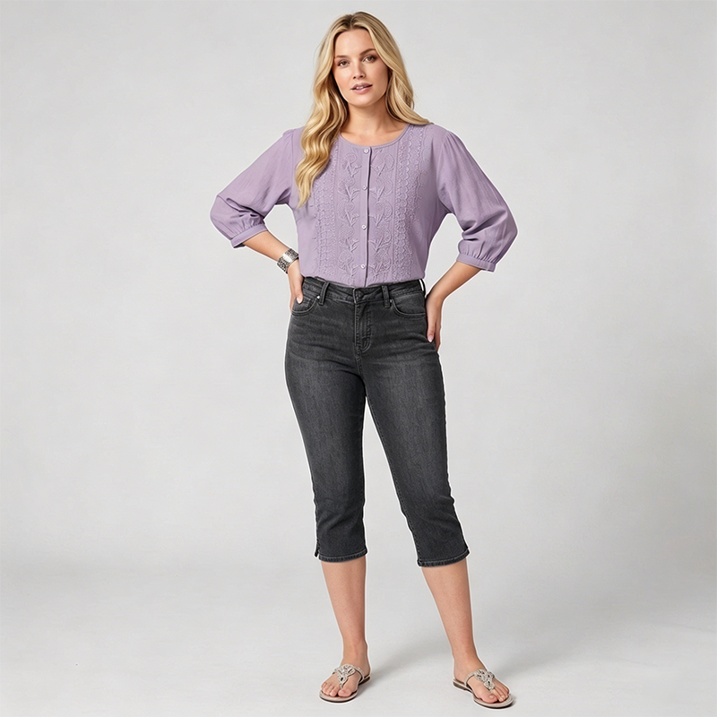 Women's Cropped Denim Pants & Embroidered Shirt Set