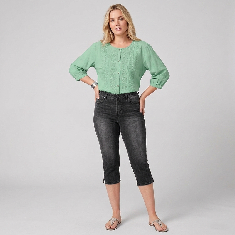 Women's Cropped Denim Pants & Embroidered Shirt Set
